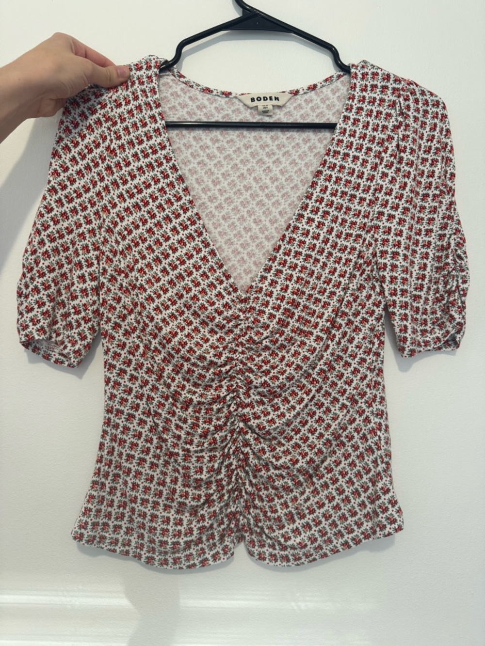 Boden White Top with Red Floral Ruched V-Neck